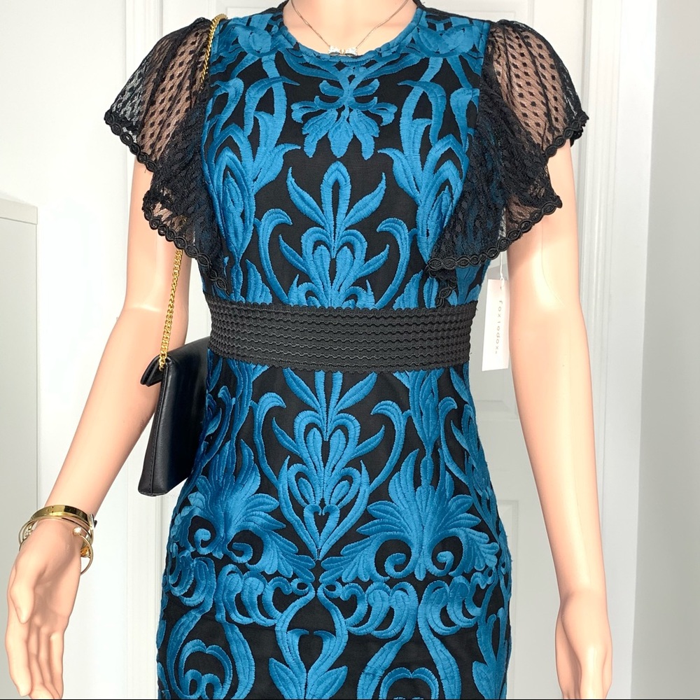 NEW FOXIEDOX DRESS ROSABEL EMBROIDERED MIDI SHEATH LACE BLACK BLUE SIZE 4 SMALL